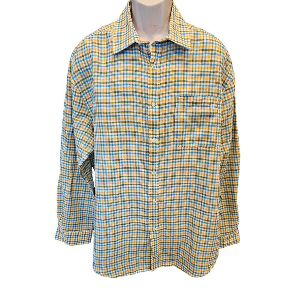Alan Flusser Button Down bright linen blend Colorful Long Sleeve casual EUC XL